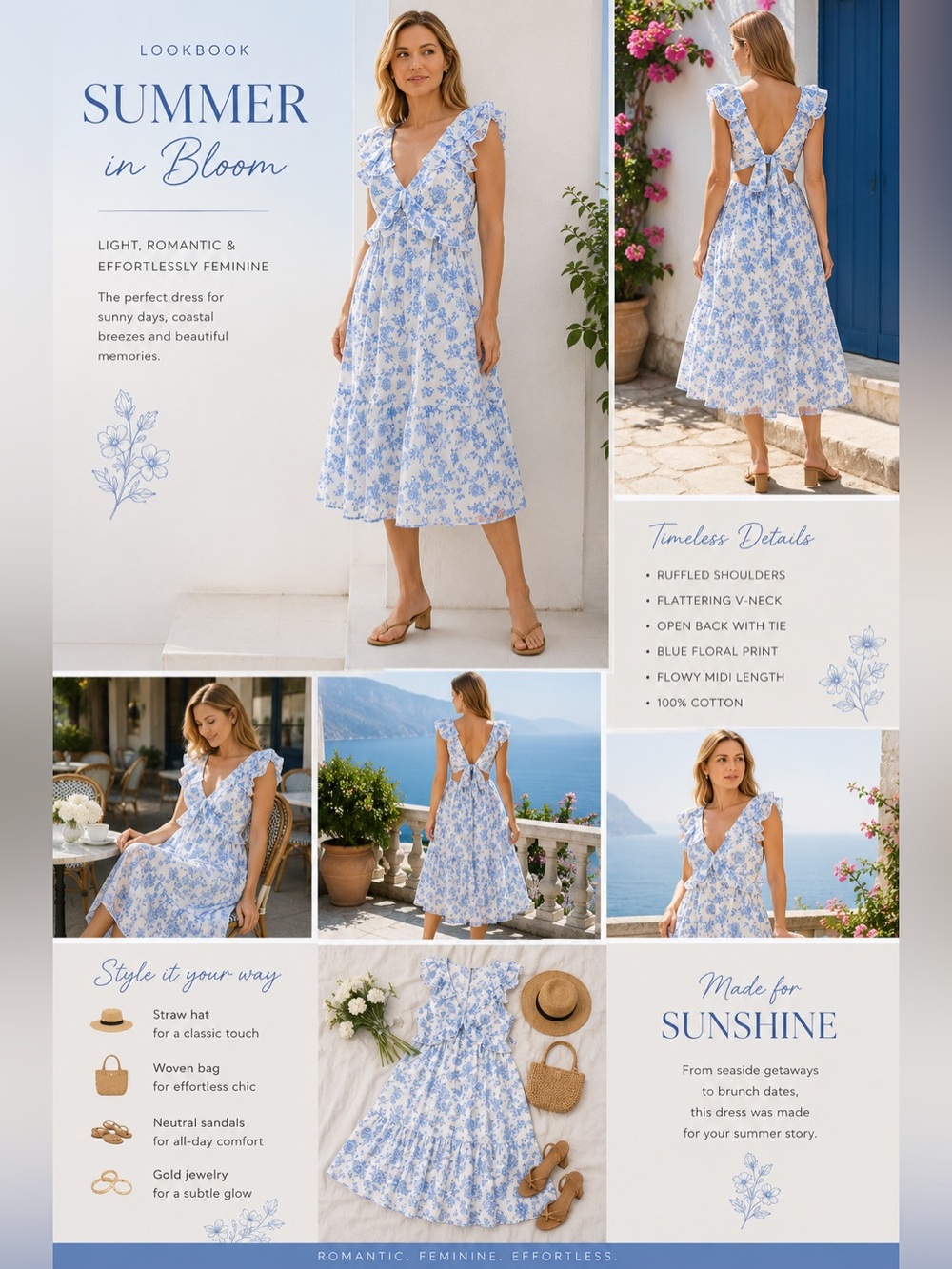Cottagecore Blue Floral Open Back Midi Dress Size M